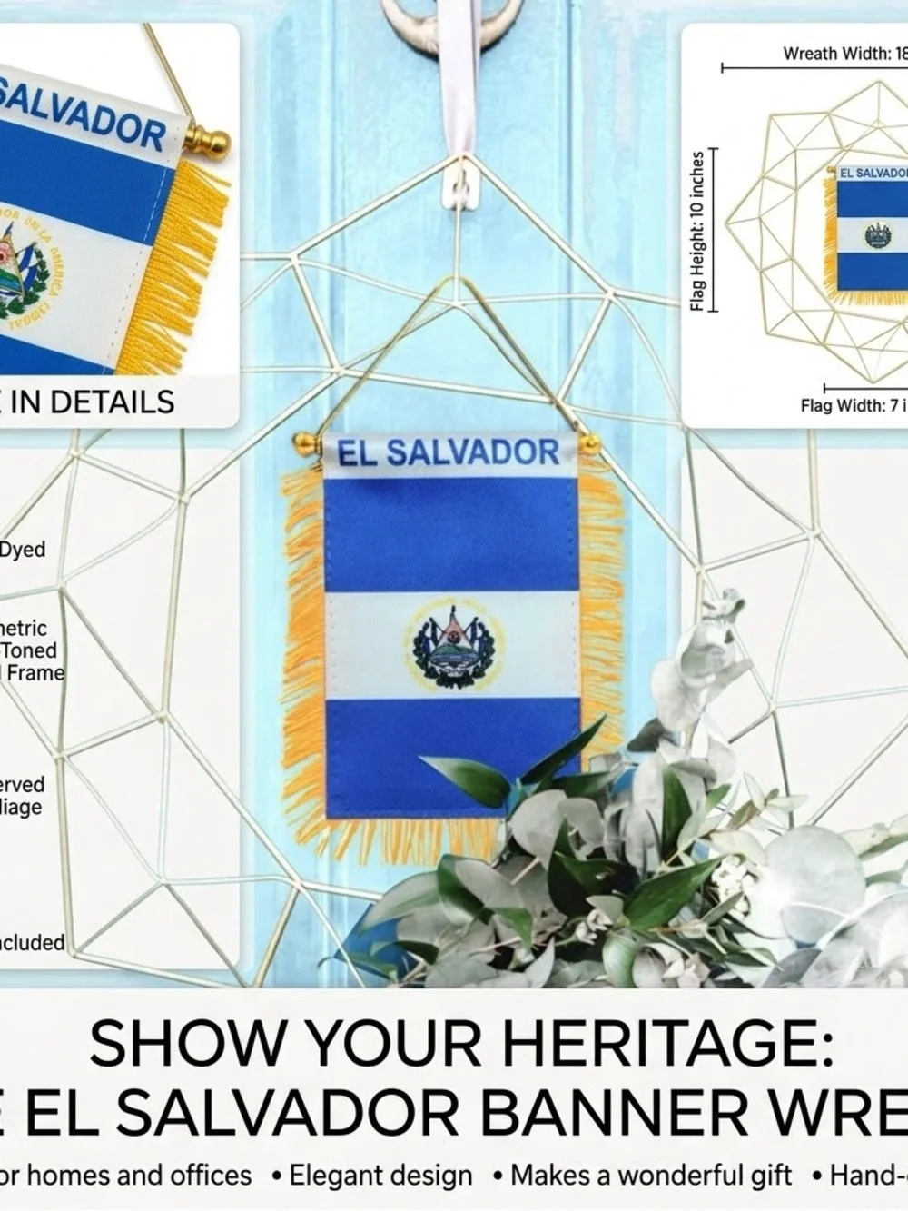 El Salvador Mini Pennant Flag with Gold Fringe - Blue & White (Set of 2)